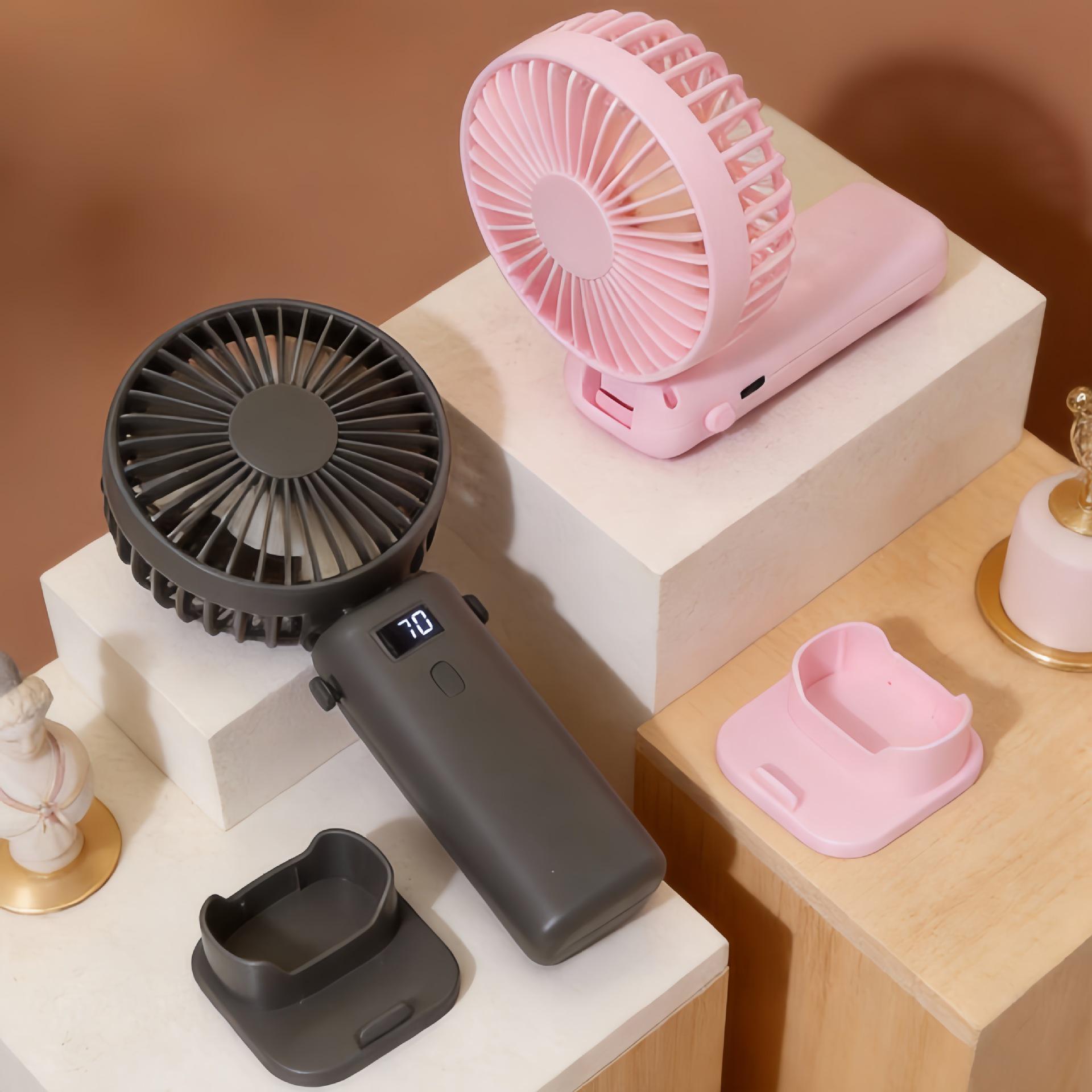 

2026 Digital Display USB Rechargeable Handheld Mini Fan with Base Stand & Neck Strap 8.8*6*21 cm