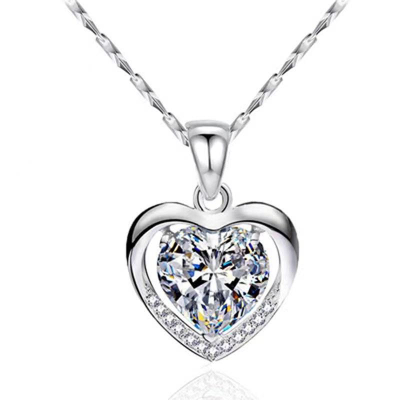 Sea Blue Heart Necklace for Women Korean Style Light Luxury Niche Heart Shaped White Copper Pendant Simple Temperament Collarbone Chain