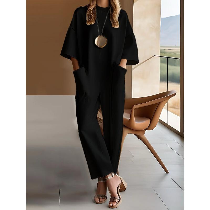 Women's Round Neck Five-point Sleeve Pockets Solid Color Long Jumpsuit