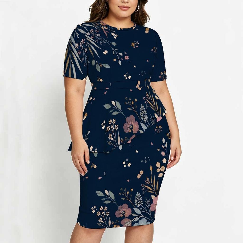 Women Plus Size Dark Green Gold Floral Printed Round Neck Short Sleeve Asymmetric Top Fitted Skirt Two Piece Set