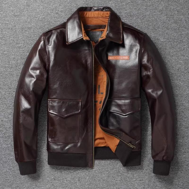 Chinese Size Brown Oil Waxed First Layer Genuine Cowhide A2 Great Escape Genuine Leather Jacket Men Loose Lapel Flight Jackets