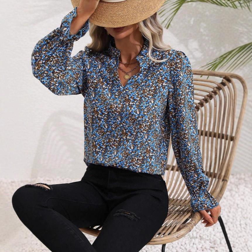 Womens Floral Leopard Print V Neck Long Sleeve Loose Blouse S синий