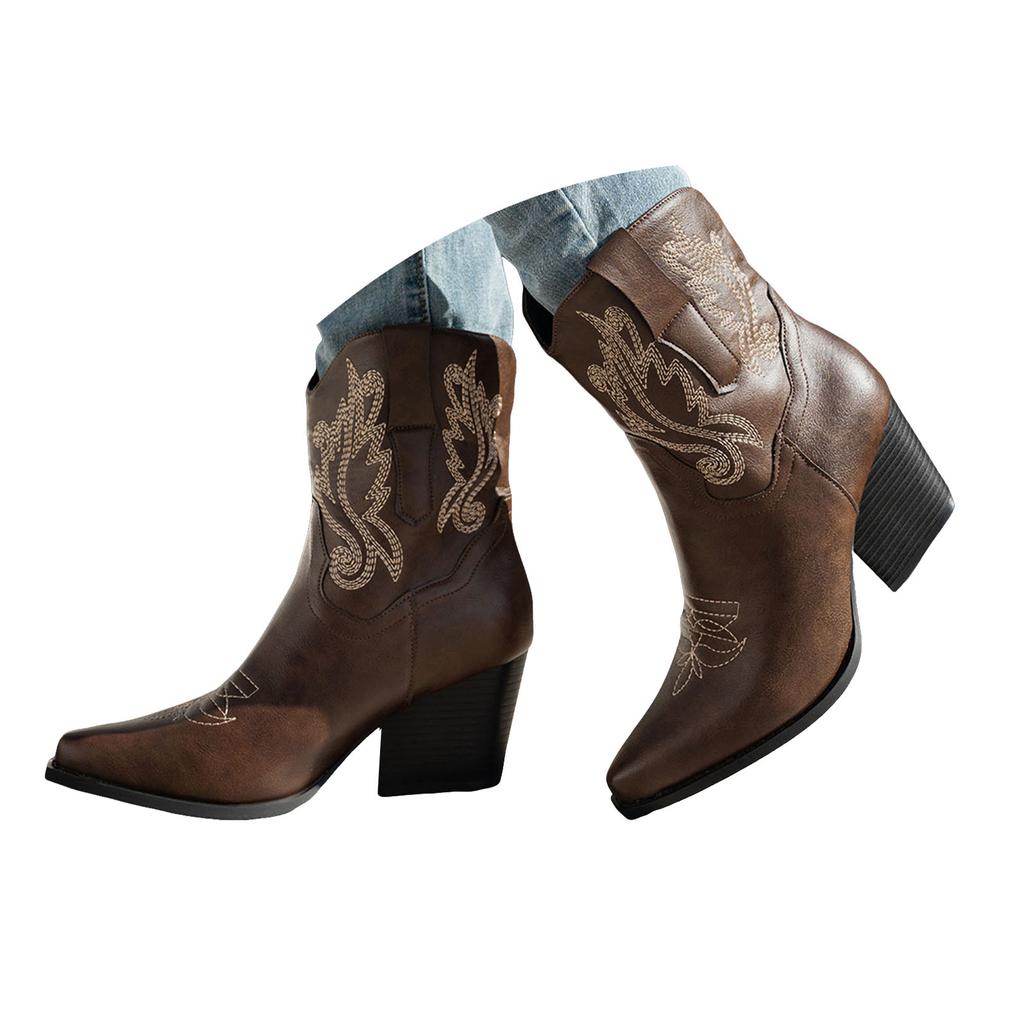 Chunky Heel Pointed Toe Women's Cowboy Boots Fashionable Casual Embroidered Retro Side Wide Calf Knee High Boots for Women Tan