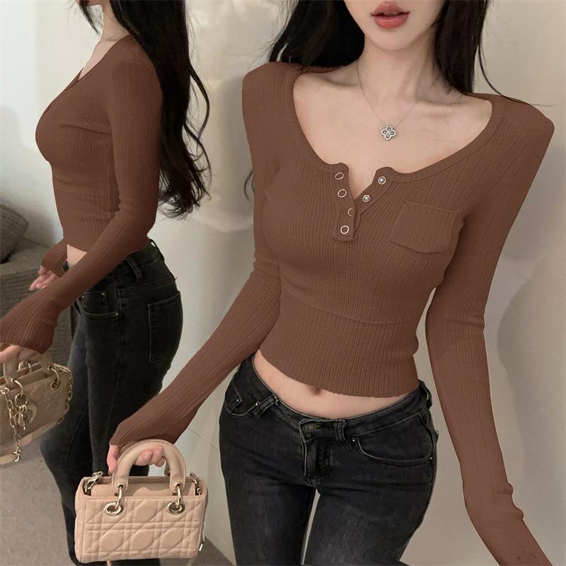 

Women s pure desire U-neck knitted sweater slim-fitting short open-button top One size