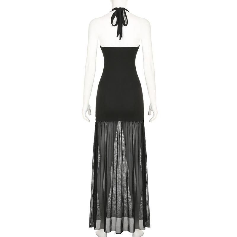 Women's Temperament Wind Neck Strap Mesh Splicing Hot Girl Sexy Backless Split Waist Thin Dresses