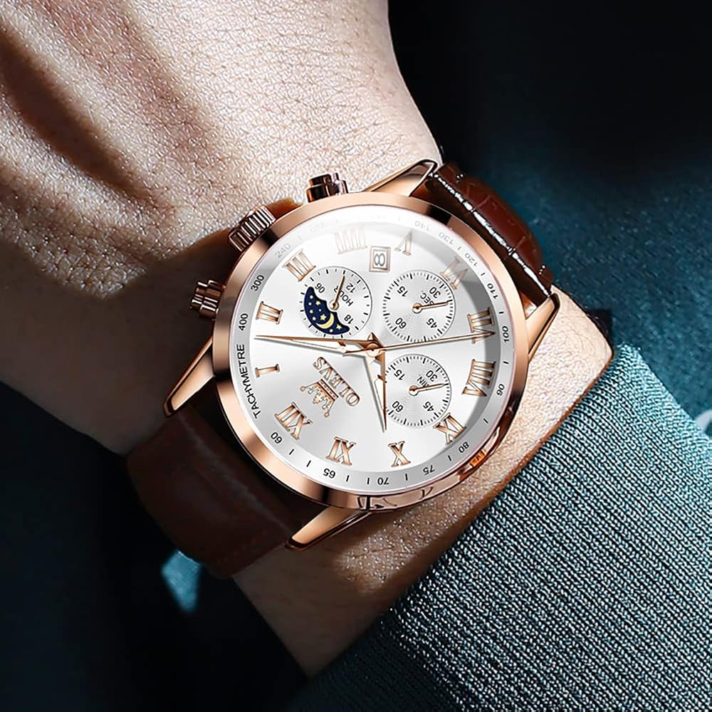 OLEVS Men's Analog Watch Brown Leather Band Waterproof Large Dial Quartz with Date and Luminous Features