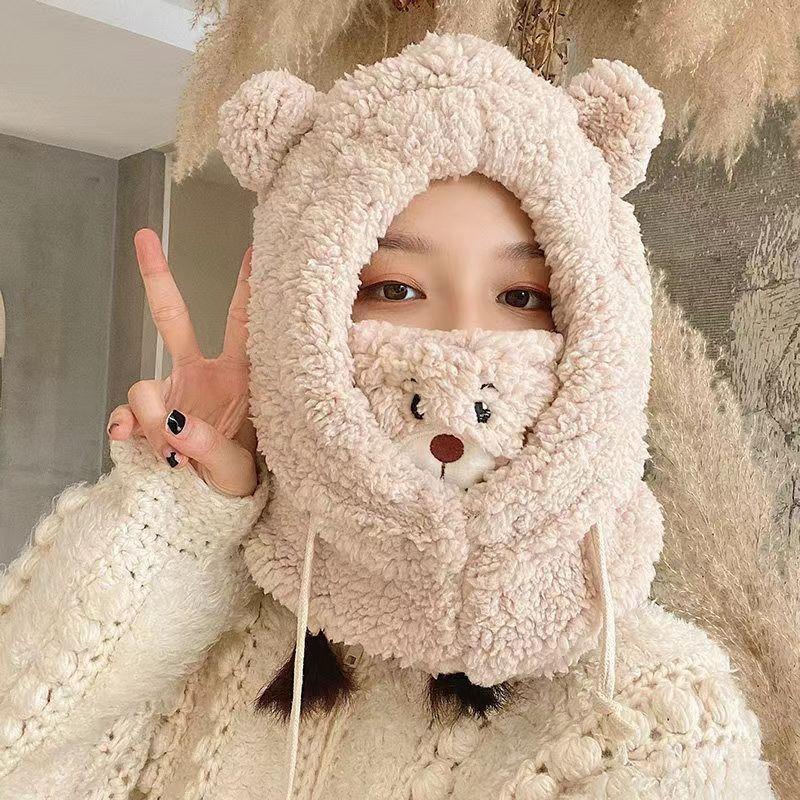 Bear Ears Ear Protection Hat Lamb Fleece Hat Autumn and Winter Versatile Mask Scarf Integrated Hat Thickened Plush Pullover Hat