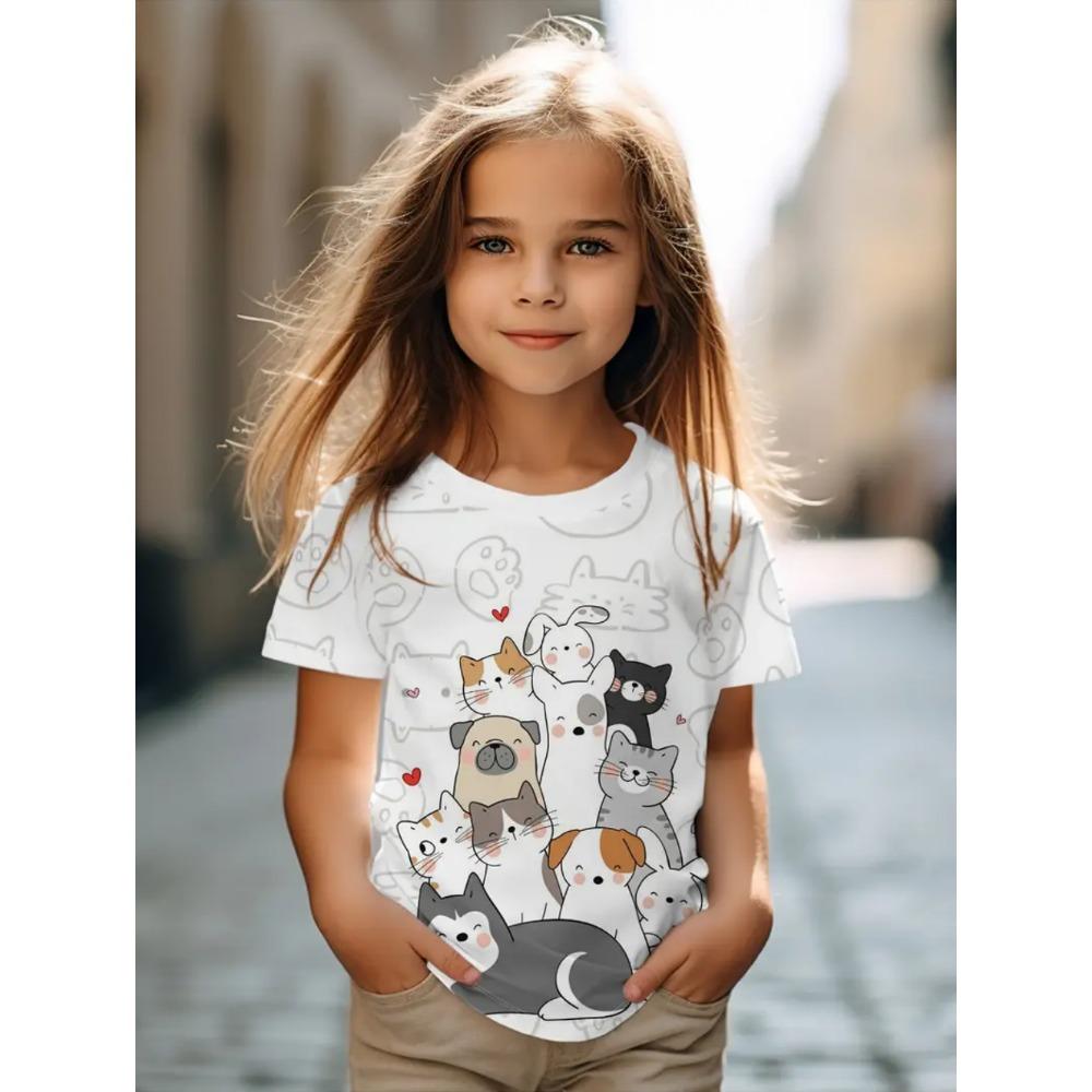 Colorful Cat Girl's T-Shirt Cute Patterns Summer Short Sleeves 3D Print Girl's Top Fashion Casual Streetwear Children's Clothing