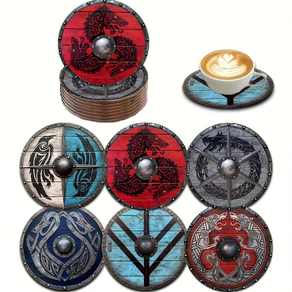 

6-piece Viking warrior shield pad suit, wooden coffee and desktop protector, family living room, dining room decoration pad