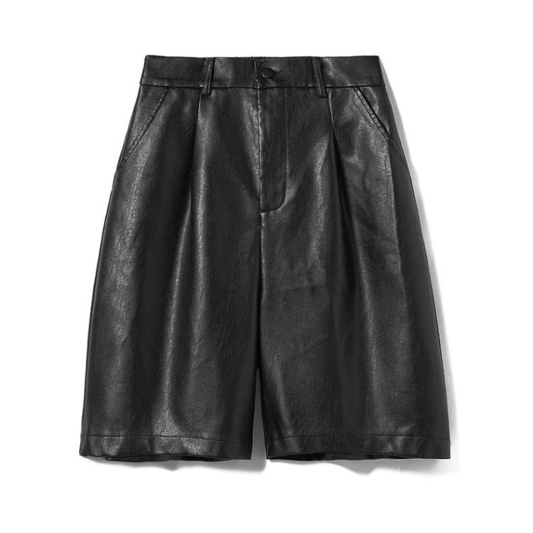 

Women s Trending Fall Winter High Waisted Elegant Versatile Wide Leg Coffee Matte PU Leather Knee-Length Pants Mini Shorts XS чёрный