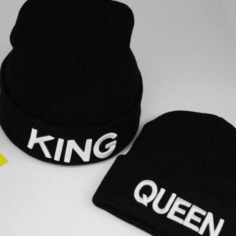 2pcs Black Unisex Knitted Hat With 'queen' And 'king' Embroidery, Ear Protection, Winter Street