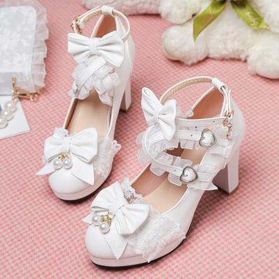 Tatlı Stil Yay Düğüm Lolita Dantel Sevimli Şeker Renk Ayakkabı Kalın Topuklu Yüksek Topuklu Moda Rahat Toka Ayakkabı