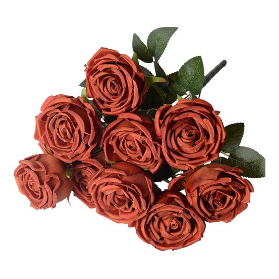10 Heads Artificial Rose Flower Realistic Faux Silk Long Stem Rose Bouquet with Leaf for Home Kitchen Office Wedding Party Decoration