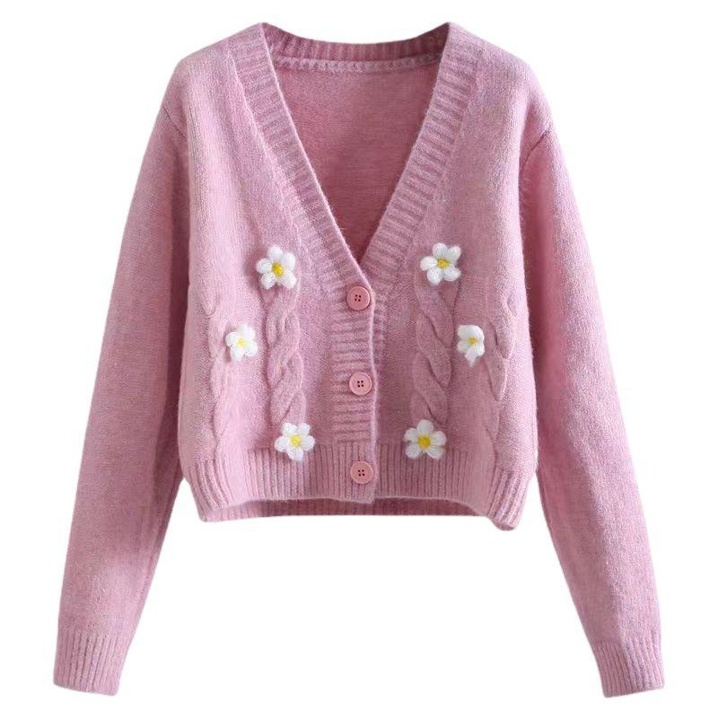 Handmade Chunky Knit Flower Cardigan for Women - Early Autumn Korean Style