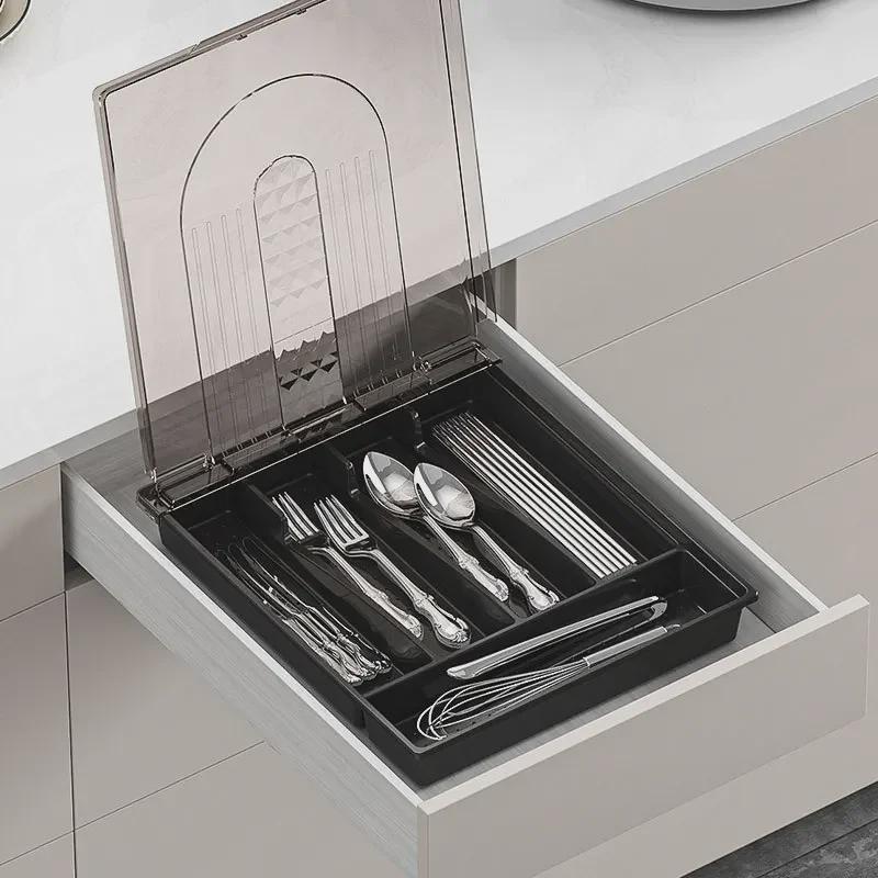 Transparent Multi-Grid Kitchen Storage Box with Lid: Organizer for Chopsticks & Cutlery