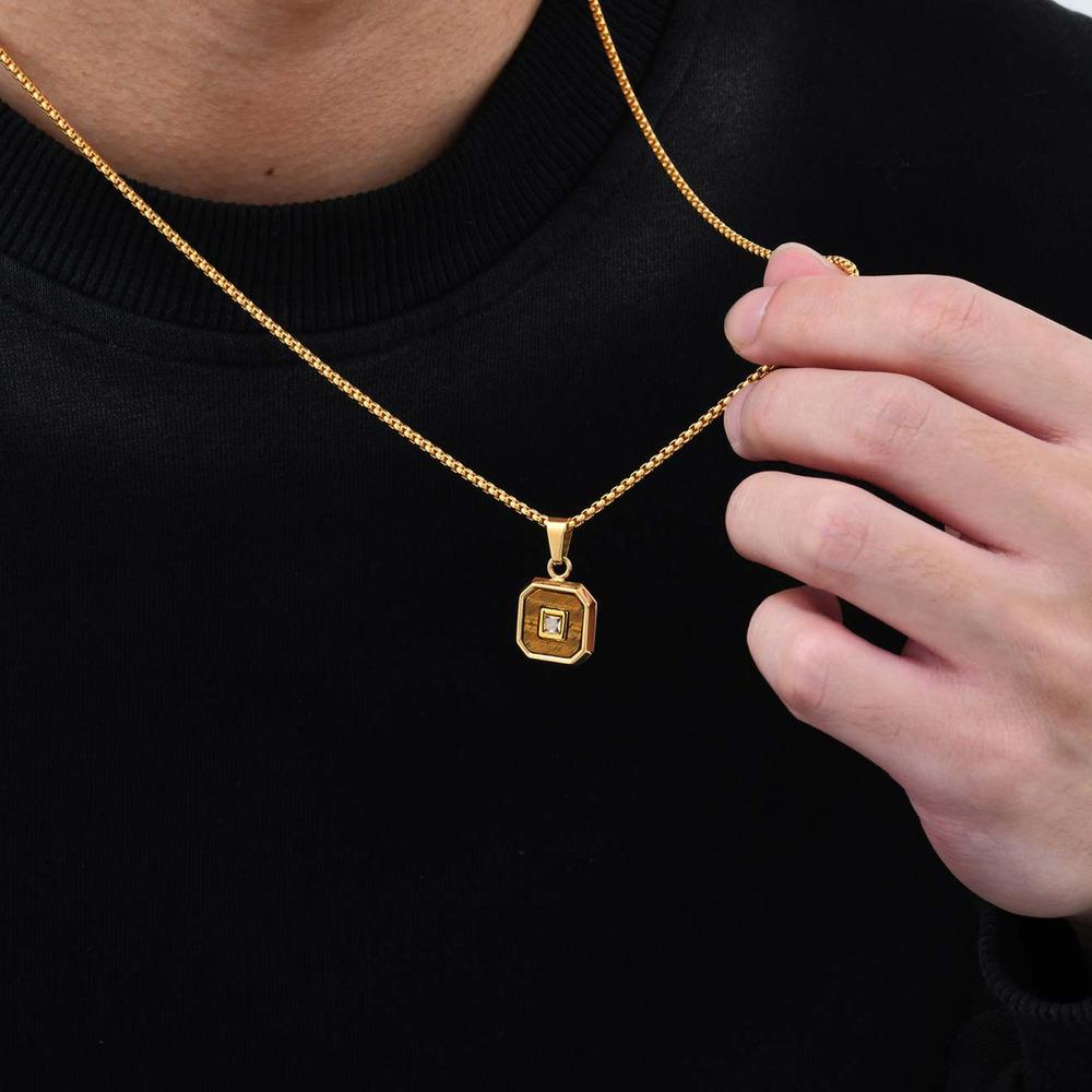 Stylish Square Pendant Necklaces for Men,Small Geometric Natural Stone Stainless Steel Pendant,Center Zircon Collars Gift