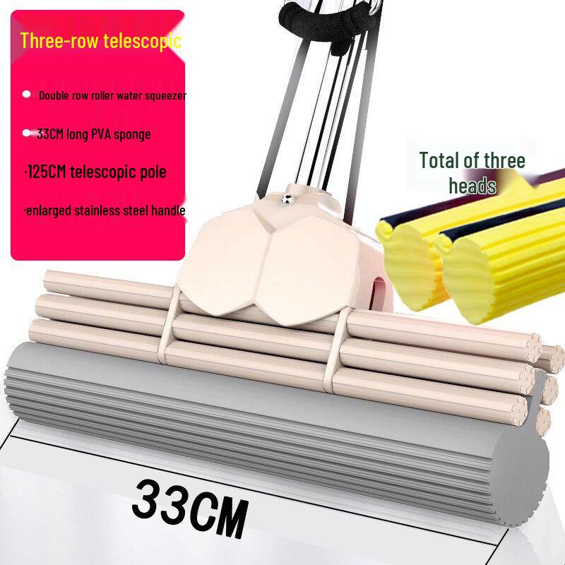 Large Absorbent Sponge Mop with Stainless Steel Handle - No-Hand-Wash Design
