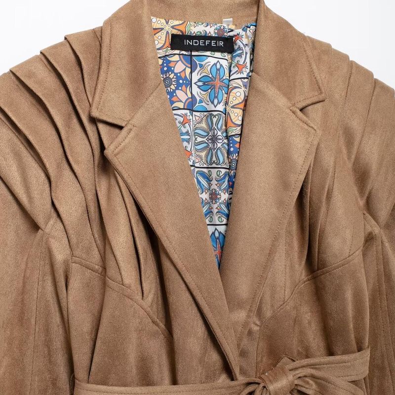 Kaslead New Arrival Women's Clothing Fashion Style Fashion Minimalist Waist Trimming Lace Up Suede Fabric Jacket Outwear