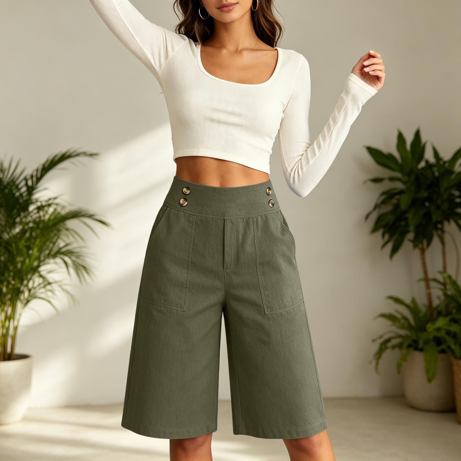 

Stylish Women s Linen Summer Casual Comfortable -Inch Shorts L армия зеленый
