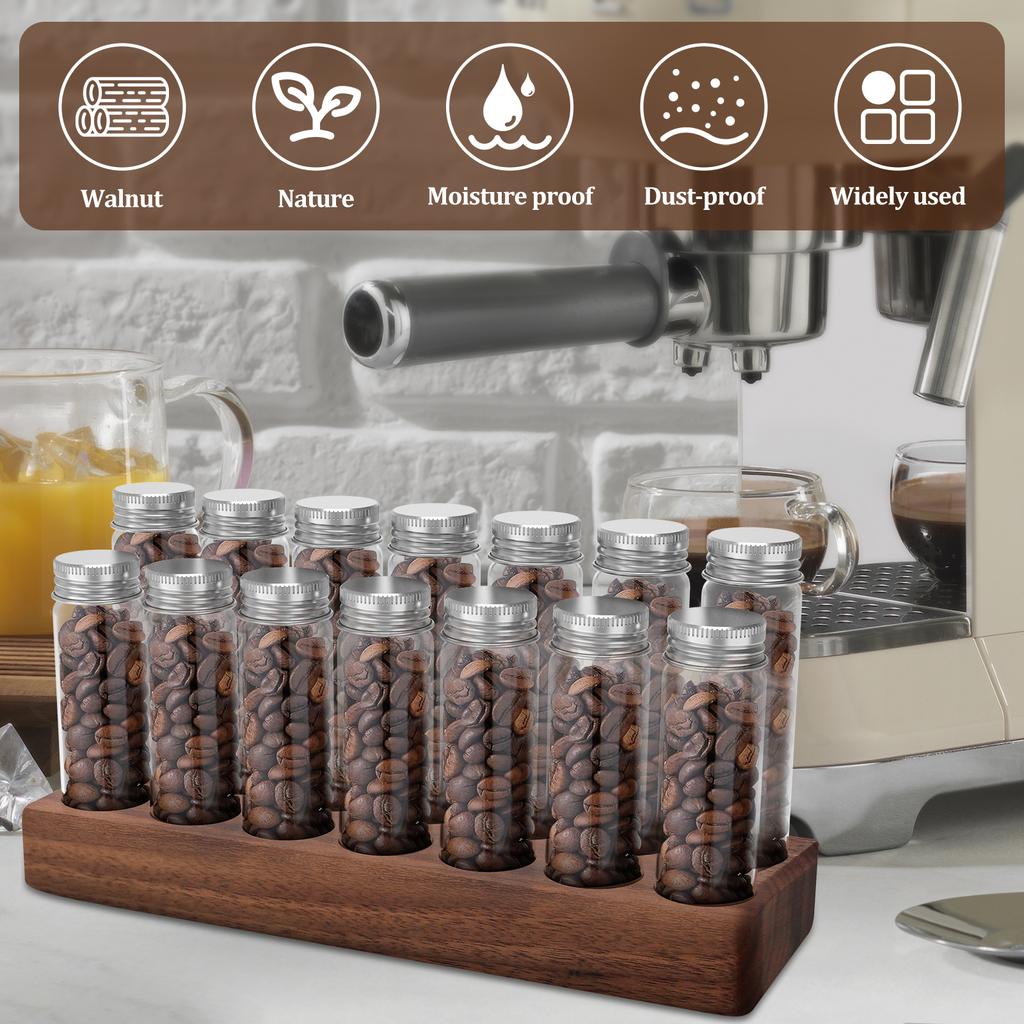 7/14Pcs Coffee Bean Storage Tubes with Walnut Wood Display Stand Portable Single Dose Coffee Bean Container Sealed Coffee Bean