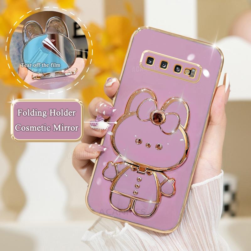 S 10 9 8 Luxury Plating Mirror Holder Case For Samsung Galaxy S10 S9 S8 Plus S10plus Note 8 9 10 20 Ultra Silicone Stand Cover