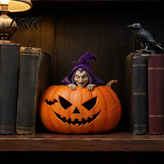 Detailed Resin Ornaments Halloween Pumpkin Witch Figurine, Spooky Bat Tabletop Decor, Stable Hand Carved Base Mini Statue for Window Showcase
