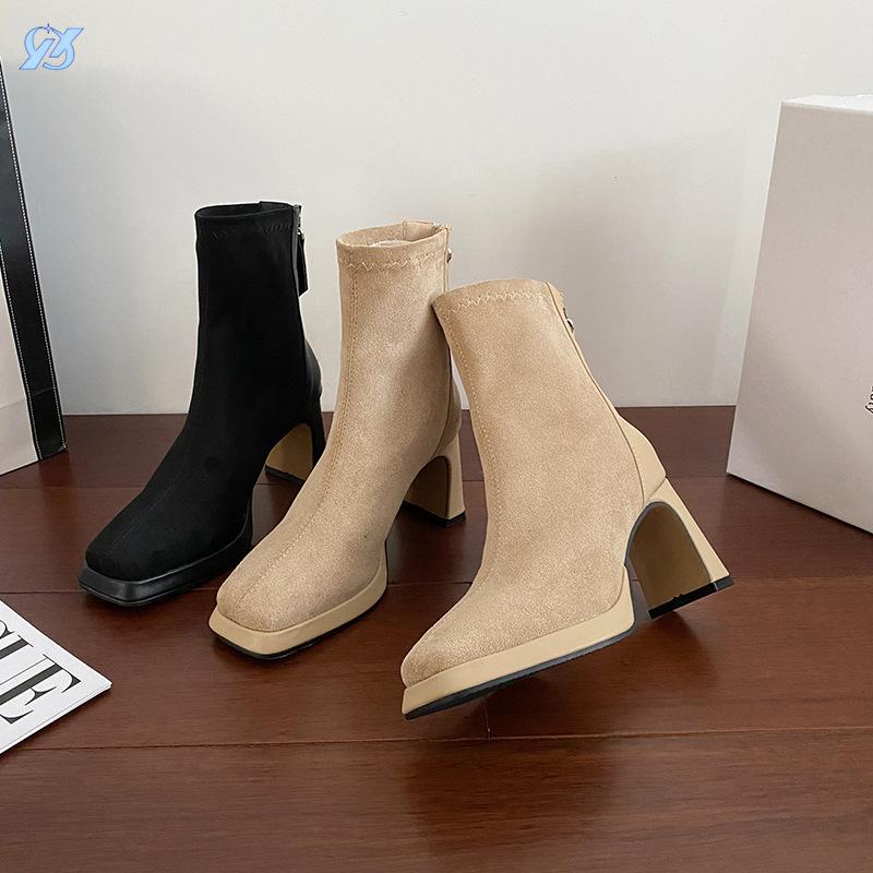 Waterproof Table High Heels Autumn and Winter New Suede Short Thick Heel Thin Black Square Head Short Women