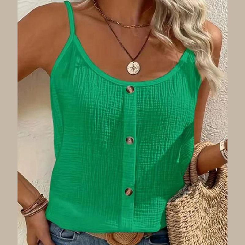 Women Button Front Spaghetti Strap Tank Top Casual Sleeveless Summer Solid Color Beach Cami Top