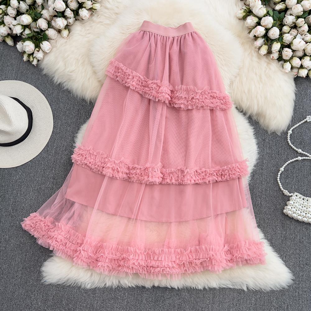 Summer High-Waisted Slim Multi-Layer Ruffled Tutu Skirt Mid-Length Over-The-Knee Elastic Waist Mesh Skirt Women