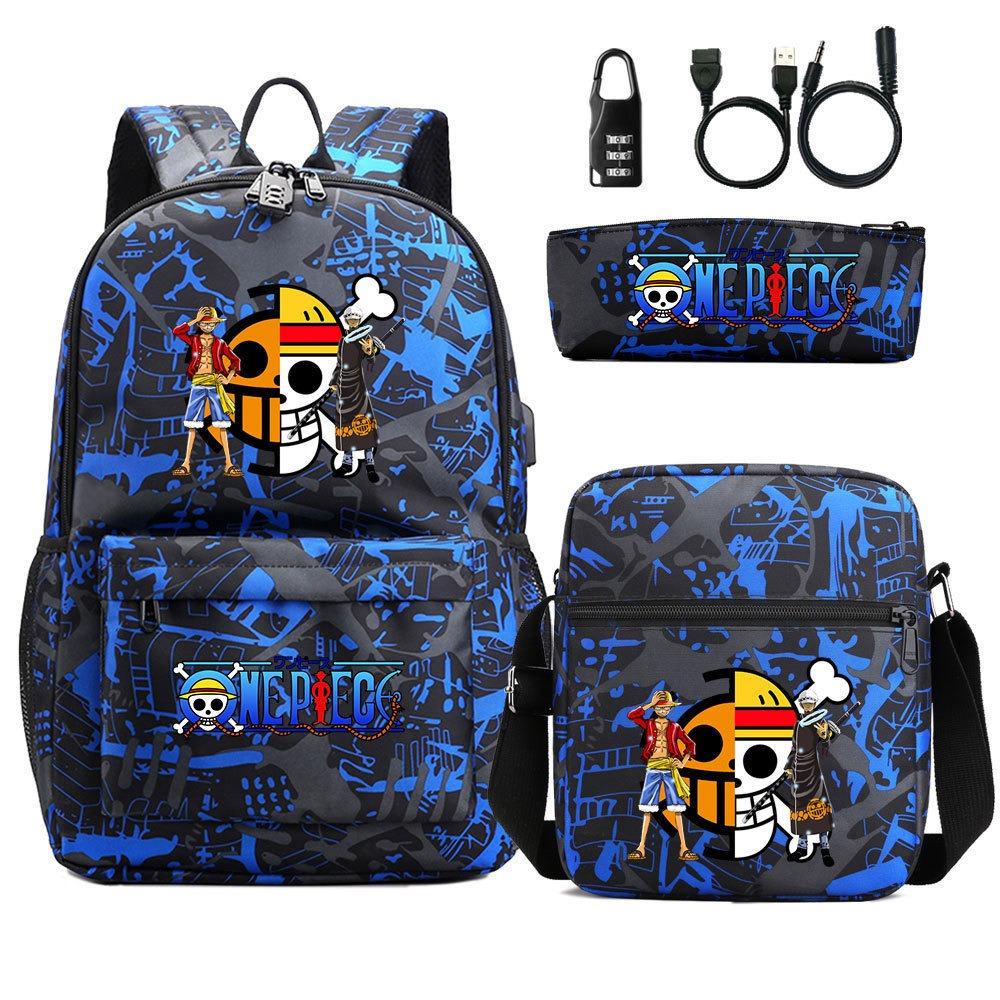 Riman Zaino con lucchetto USB ONE PIECE borsa a tracolla borsa da scuola per studenti astuccio set da tre pezzi uomo e donna