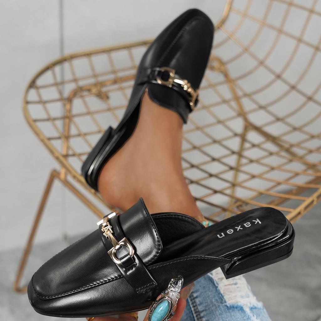 Fashion Women Slippers 2025 New Beach  Big Size Sandals Fashion Metal Lady Mules Shoes Female Designer Round Toe Slippers Slides Wome