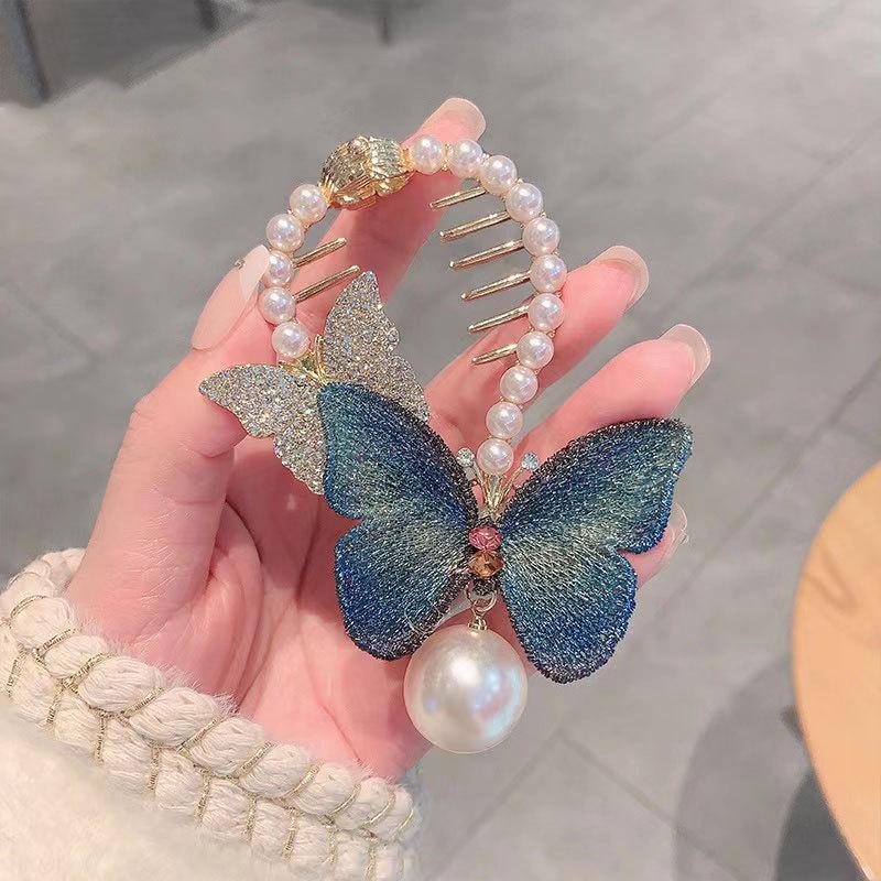 Gradient Blue Butterfly Pearl Ponytail Hair Clip - Women's Retro 2023 Comb & Grab Clip
