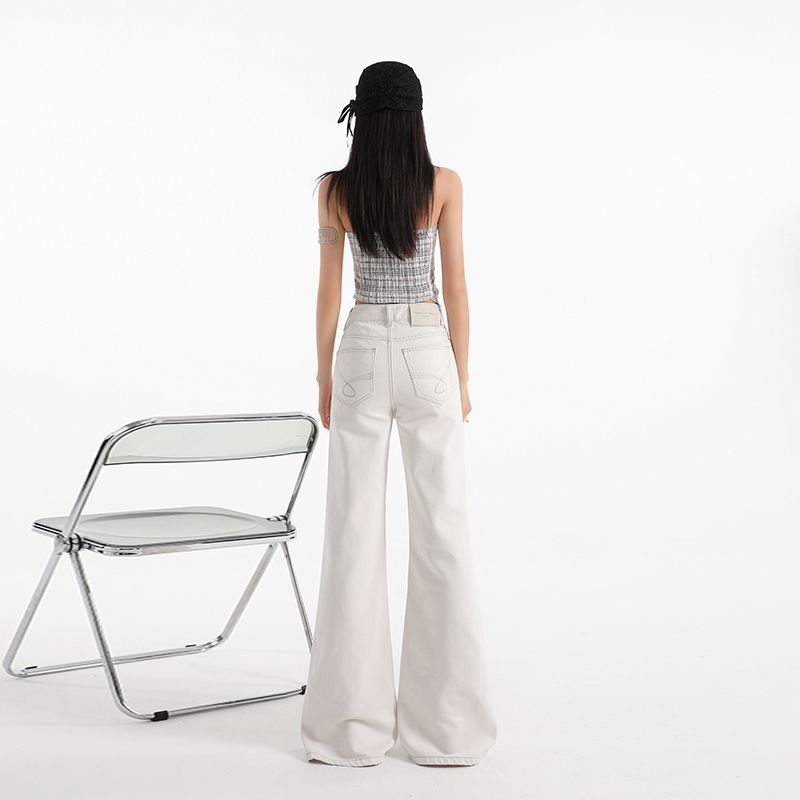 Spring Summer Glacier White Anti See Through Four Way Stretch High Waist Relaxed Micro Flare Full Length Denim Pants Ladies Casual Denim Trousers