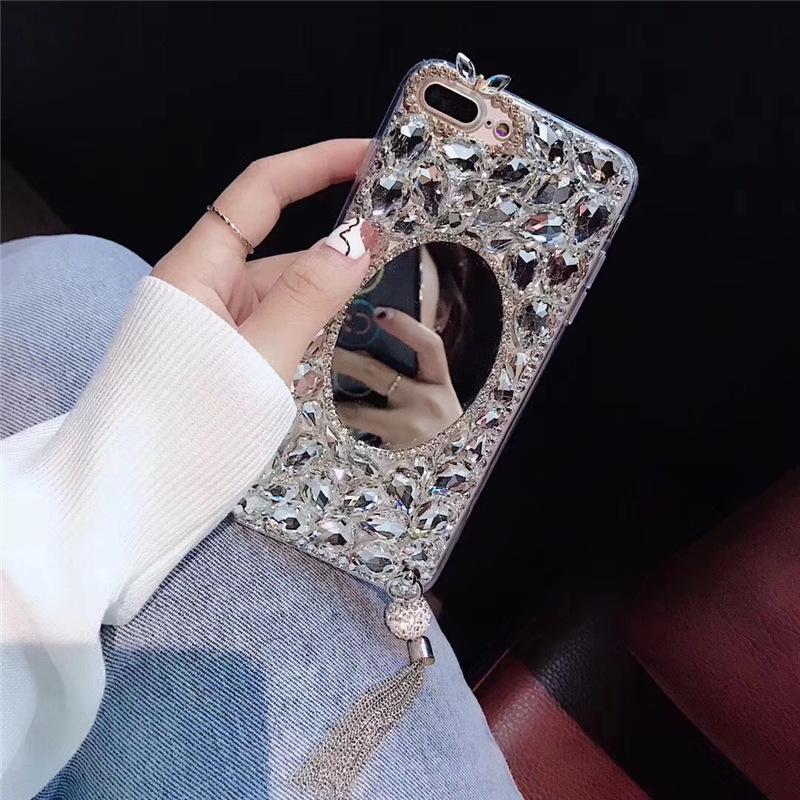 Luxury Full Diamond Suitable for Apple 17ProMax Mobile Phone Case Makeup Mirror 16 Flash Diamond Tassel 15 Premium 14 Protective Case