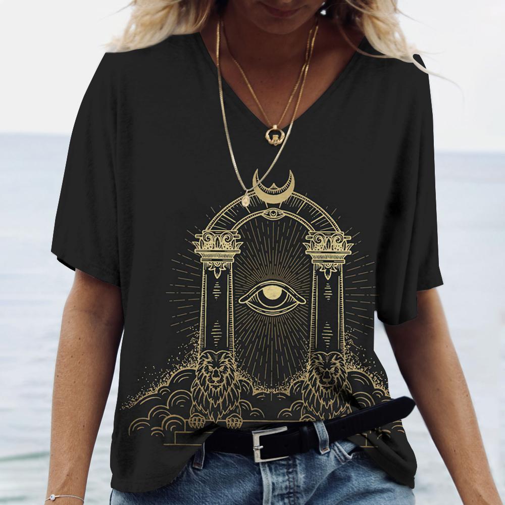 2023 Women's V-neck T-shirt Street Ancient Egyptian Ethnic Costume Print Women's Top Short Sleeve Casual Fashion Women Clothing