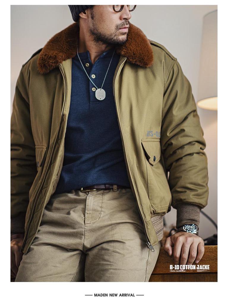 Maden Workwear B10 Retro Bomber Jacket - Men's Winter Cotton Coat with Fur Lapel Collar