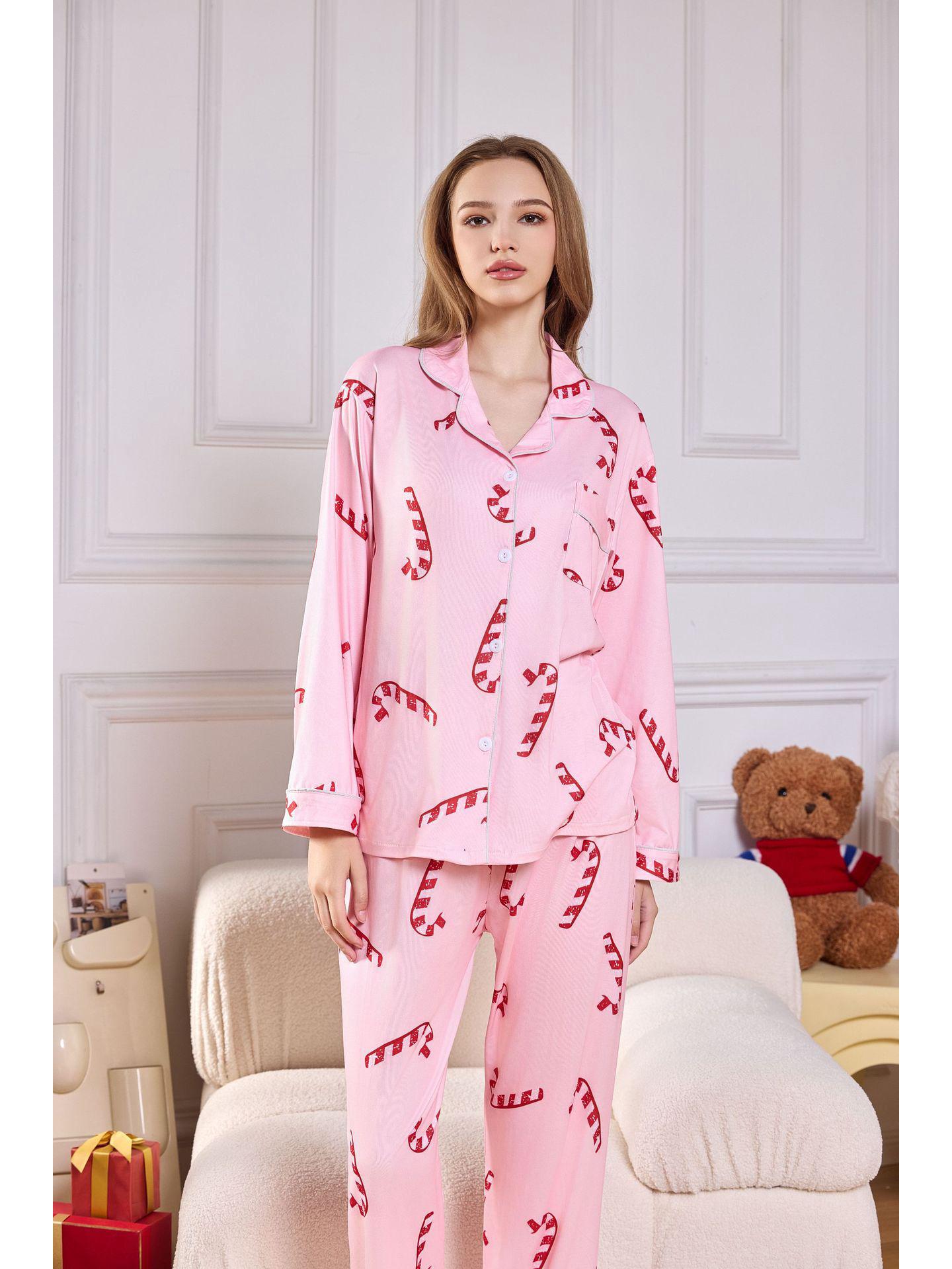 

European and American Women s Long-Sleeve Pajama Set - Christmas Printed Cardigan and Trousers Small рожевий