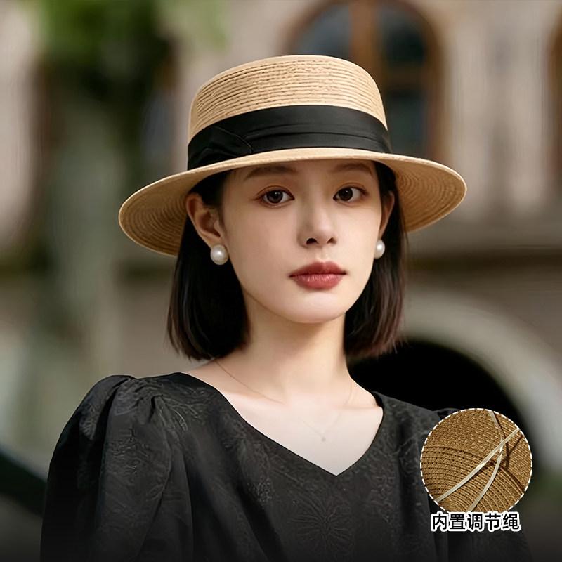 

Women s Classic Boater Straw Hat Flat Top Sun Hat with Black Ribbon UV Protection for Summer Beach & Elegant Occasions one size