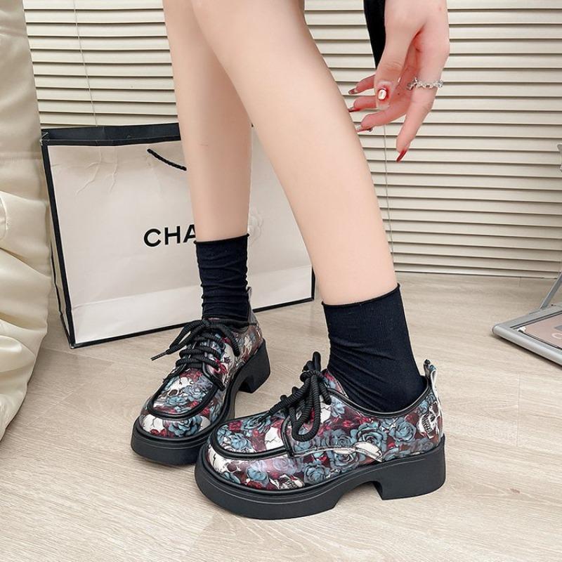 Small Leather Shoes Women's Autumn and Winter New Printed Platform Versatile Women's Single Shoes