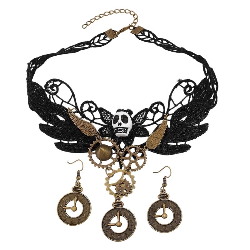 

2pcs Gothic Lace Choker Necklace Gear Clock Earrings Halloween Costume Accessories Jewelry for Women Girls Gift 1