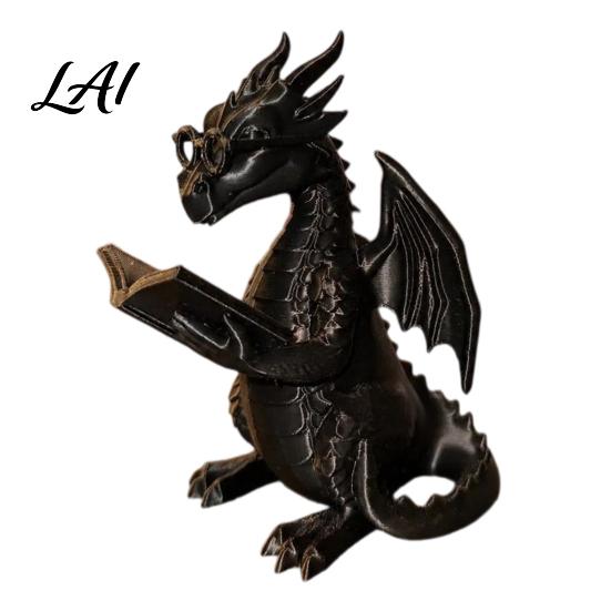 Whimsical Desk Accessory Reading Dragon Figurine with Glasses Statue 3D Printed Lover Gift Bookshelf Decor Desktop Ornament for Book Lovers