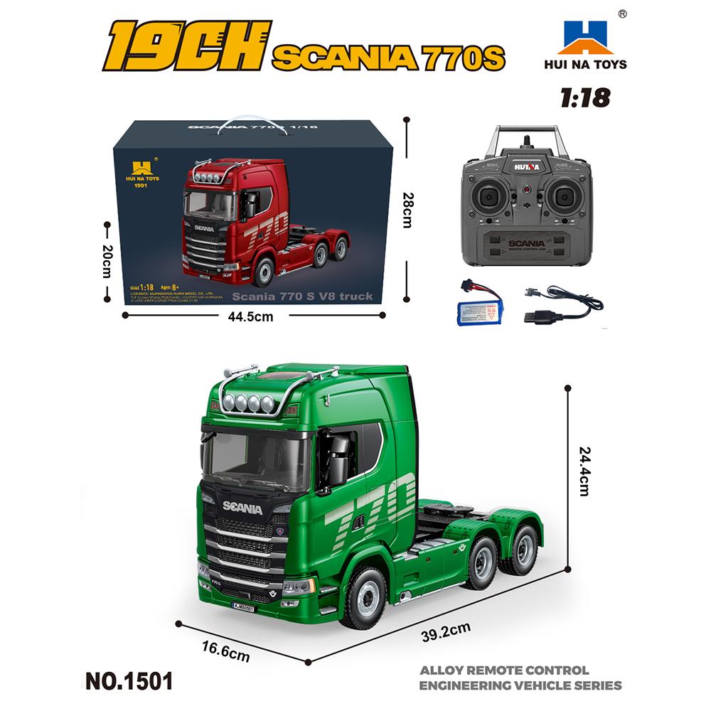 HUINA 1/18 19CH RC Truck 1501 770S Scania Alloy Tractor 2.4G Remote Control Engineering Trailer Truck with Light and Sound Toys