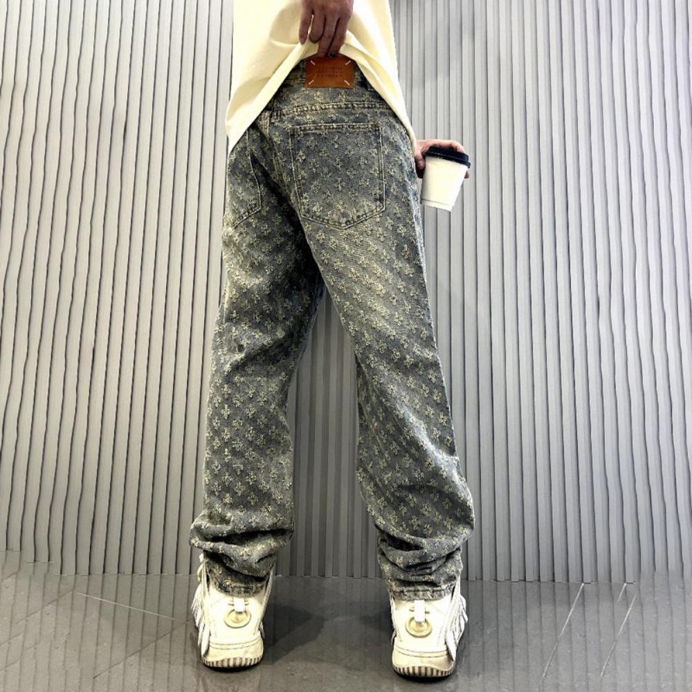 Jacquard Pattern Denim Pants Male Straight Fitting Baggy Bottoms Distressed Wide Jeans for Men