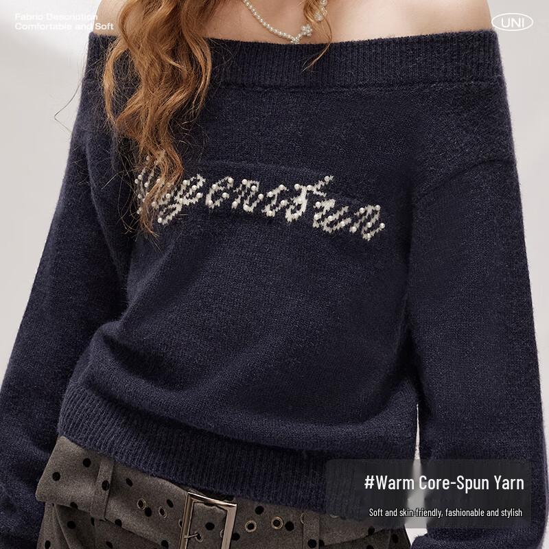 UNIFREE Off-Shoulder Letter Jacquard Knit Sweater