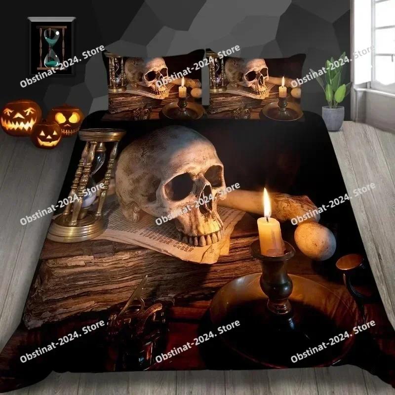 New Skull Duvet Cover Set Abstract Texture with Skull and Crossbones Pattern Aged Rusty Grunge Style Polyester Bedding Set