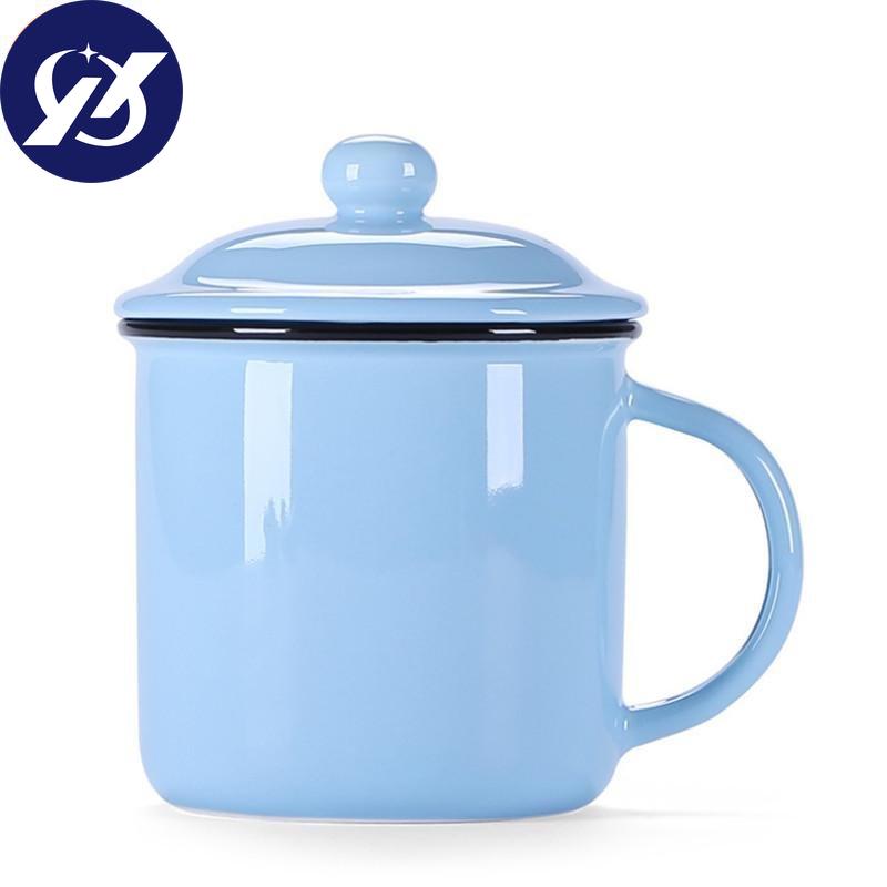 400ml Vintage Enamel Coffee Mug with Lid Ceramic Milk Mug Pigmented Tea Cup Office Water Cup Drinkware