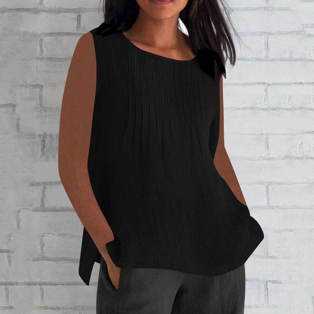 Women's Fashionable And Casual Sleeveless Vest Solid-color Cotton And Linen Pleated Sleeveless Top T-shirt