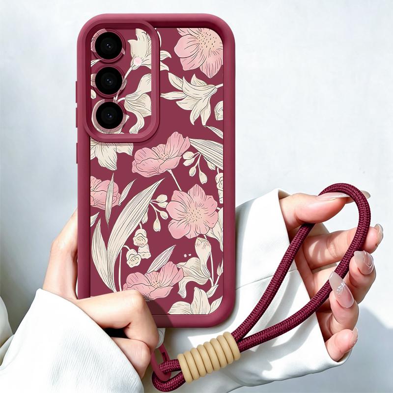Flowers Fruits Print Lanyard Case For Samsung S26 FE A18 S25 S24 S23 S22 Ultra A54 A55 A16 A26 A36 A56 A17 A27 A37 A57 5G Bumper Cover