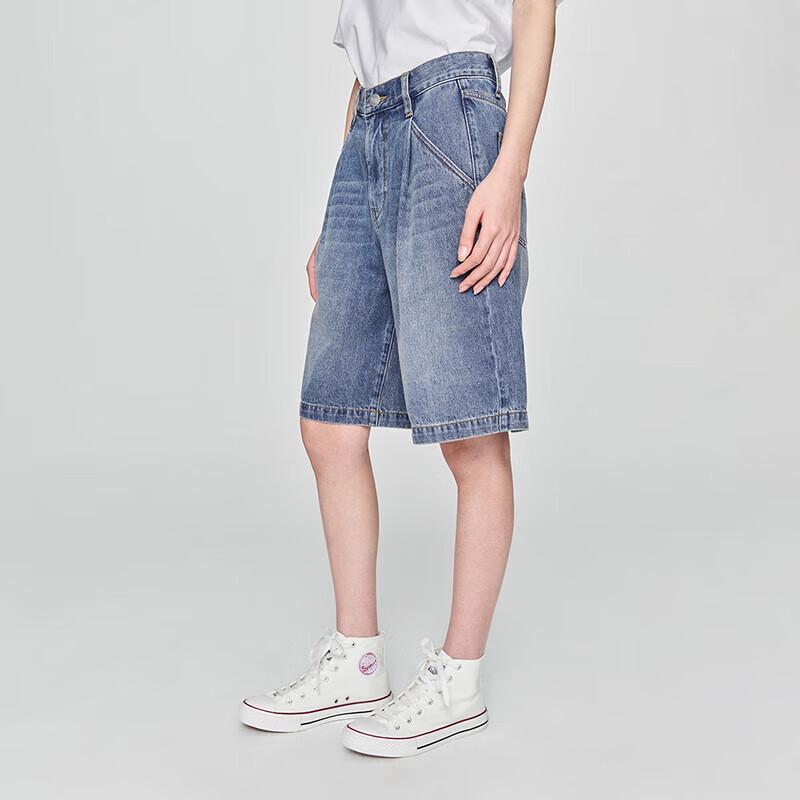 Lee 25 Unisex Loose Fit Single Pleat Medium Light Blue Denim Shorts