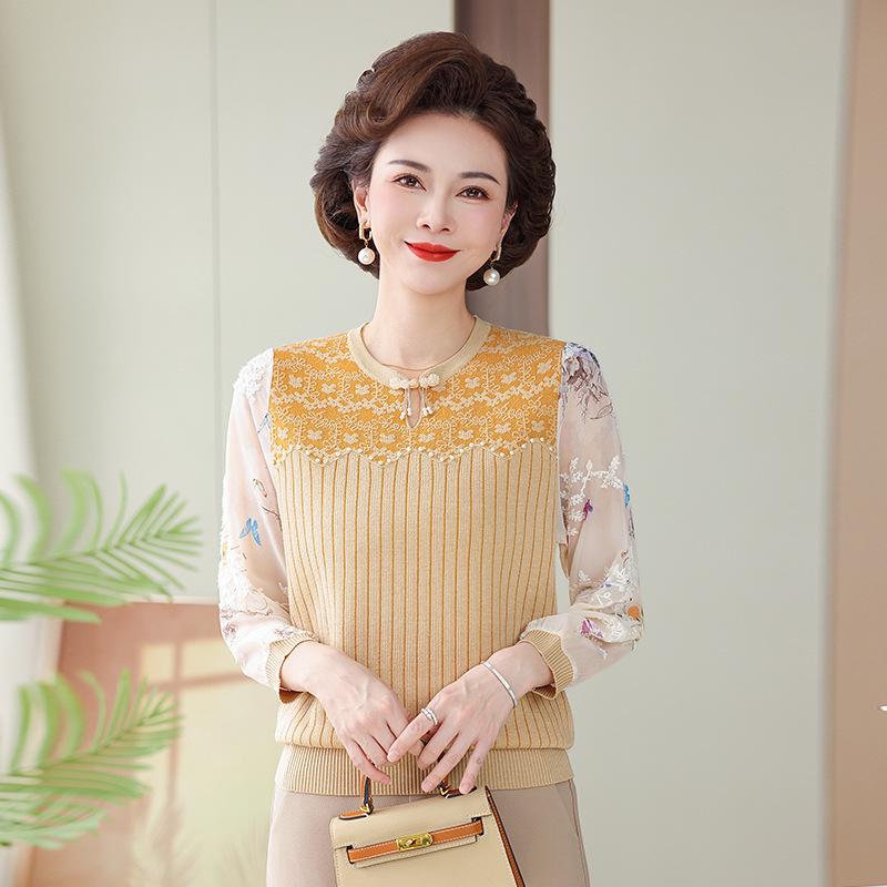 

Mom’s Elegant Knitted Top with Chiffon Gauze Sleeves - Mid-Aged & Elderly Women s Three-Quarter Sleeve T-Shirt 120 (125-140 jin) жовтий